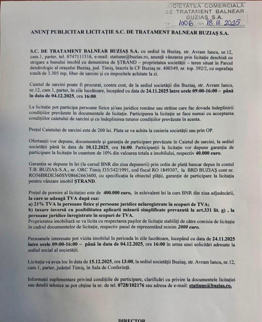 Licitație publică pentru vânzarea imobilului „Ștrand” din Buziaș