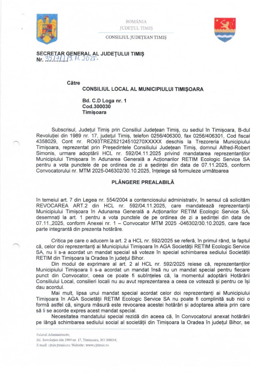 CJ TIMIȘ ATACĂ CU PLÂNGERE PREALABILĂ CL TIMIȘOARA