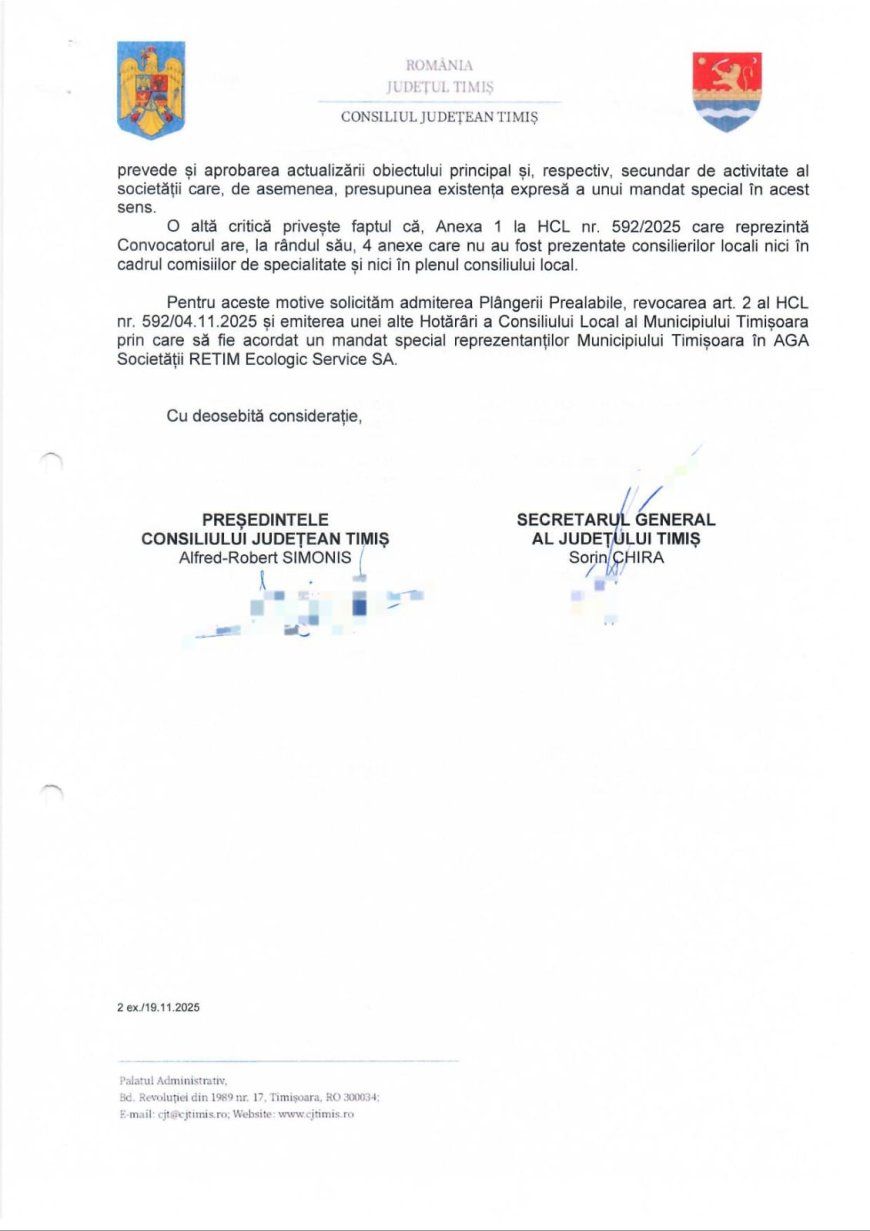 CJ TIMIȘ ATACĂ CU PLÂNGERE PREALABILĂ CL TIMIȘOARA