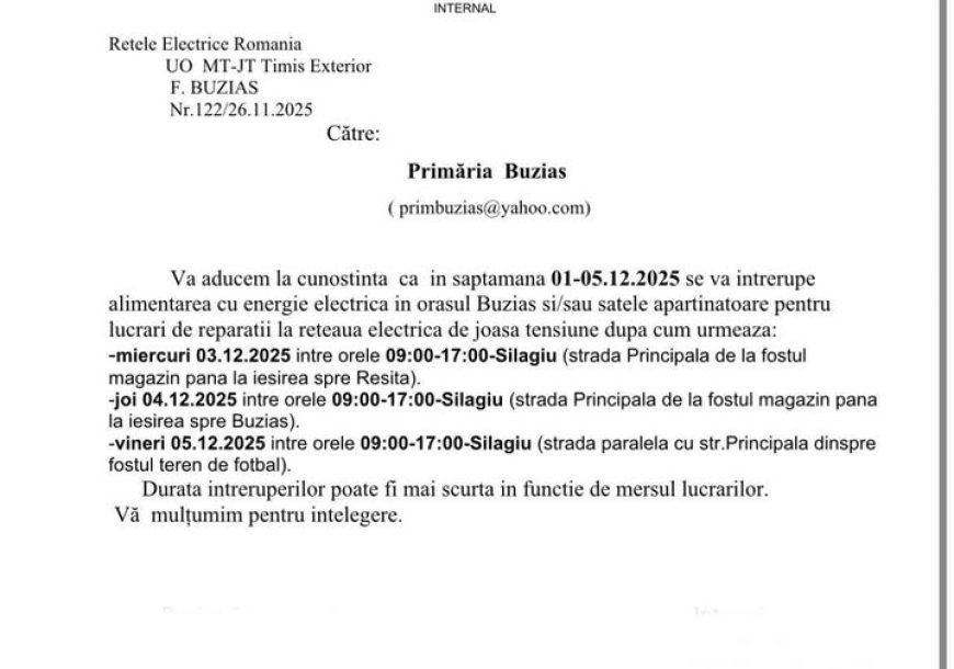 ÎNTRERUPERI PROGRAMATE DE CURENT ELECTRIC ÎN BUZIAȘ ȘI SILAGIU