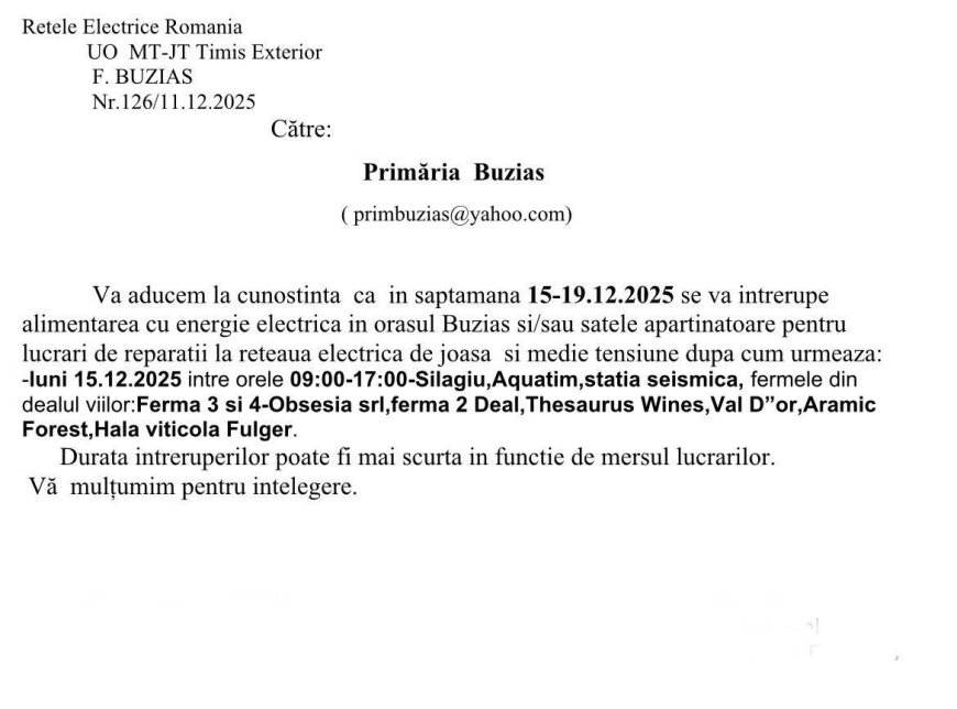 ÎNTRERUPERI DE CURENT ELECTRIC LA BUZIAȘ