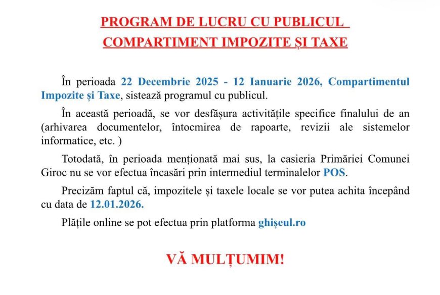Programul Compartimentului Impozite și Taxe, suspendat temporar