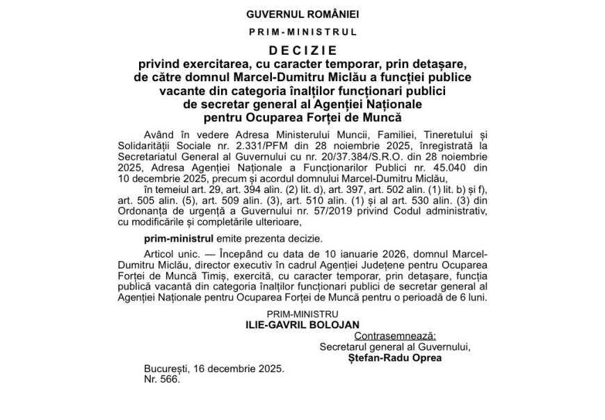 Marcel Miclău, reconfirmat în funcția de secretar general al ANOFM