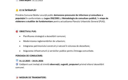 COMUNA BOLDUR DEMAREAZĂ CONSULTAREA PUBLICĂ PENTRU ACTUALIZAREA PLANULUI URBANISTIC GENERAL