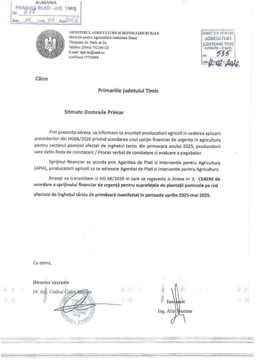 Ajutor de urgență pentru pomicultorii din Timiș afectați de îngheț