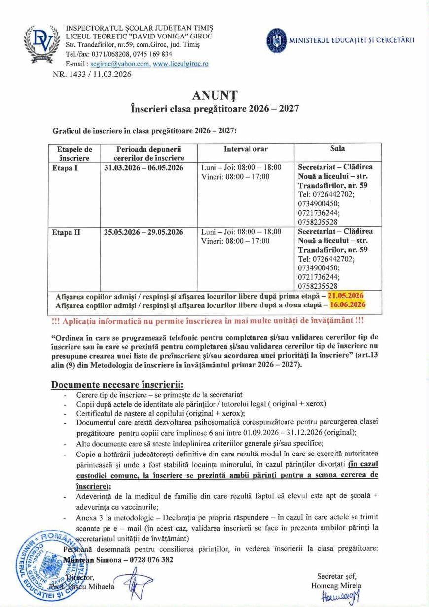 Încep înscrierile în clasa pregătitoare