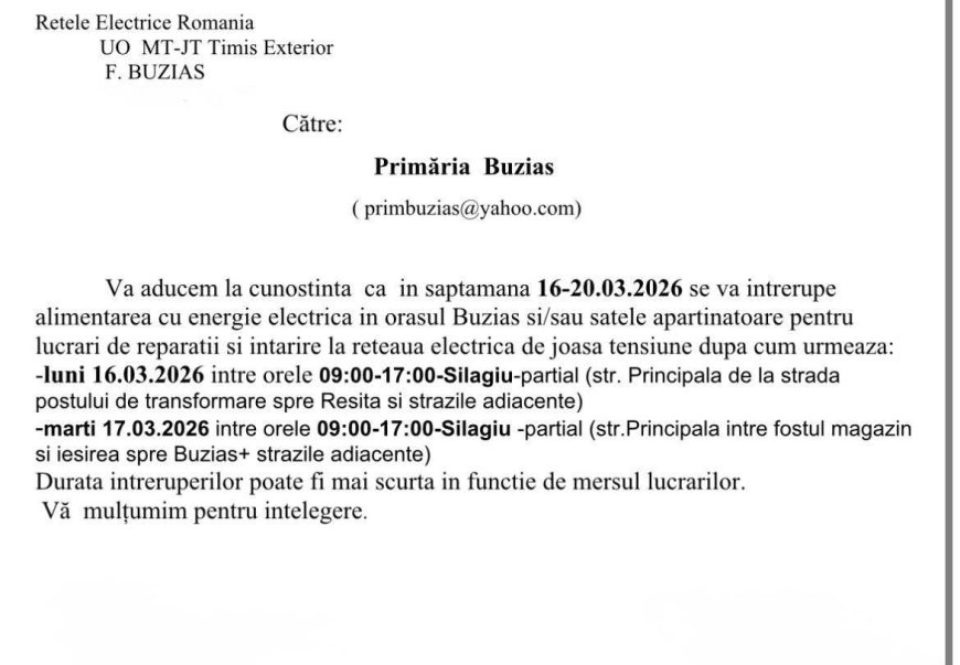 Întreruperi programate de curent în Buziaș și Silagiu