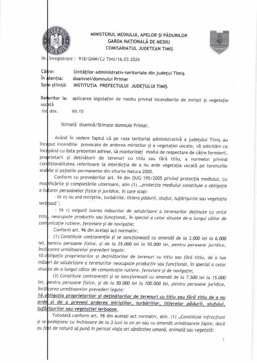 Arderea miriștilor și a vegetației uscate, interzisă