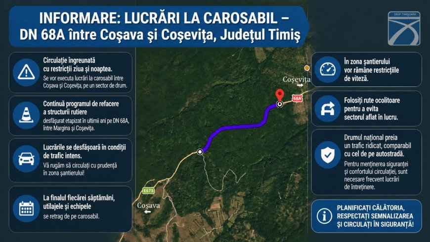 Restricții pe DN 68A între Coșava și Coșevița din cauza lucrărilor la carosabil