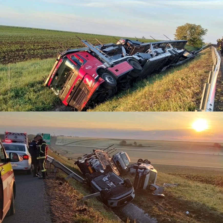 Un tir care transporta mașini s-a răsturnat pe A1
