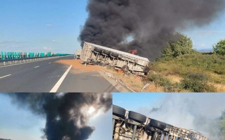 Autotren încărcat cu peleți, cuprins de flăcări